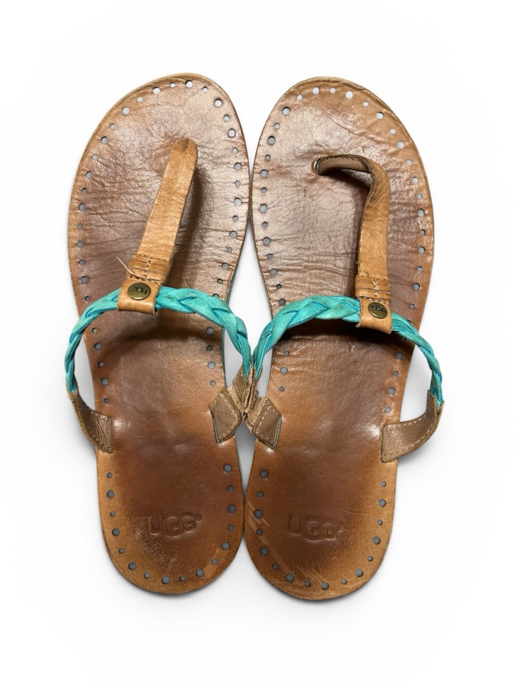 🩵🩵 UGG Bria Braided Leather Thong Sandals Tan Turquoise Blue Women's Size 9